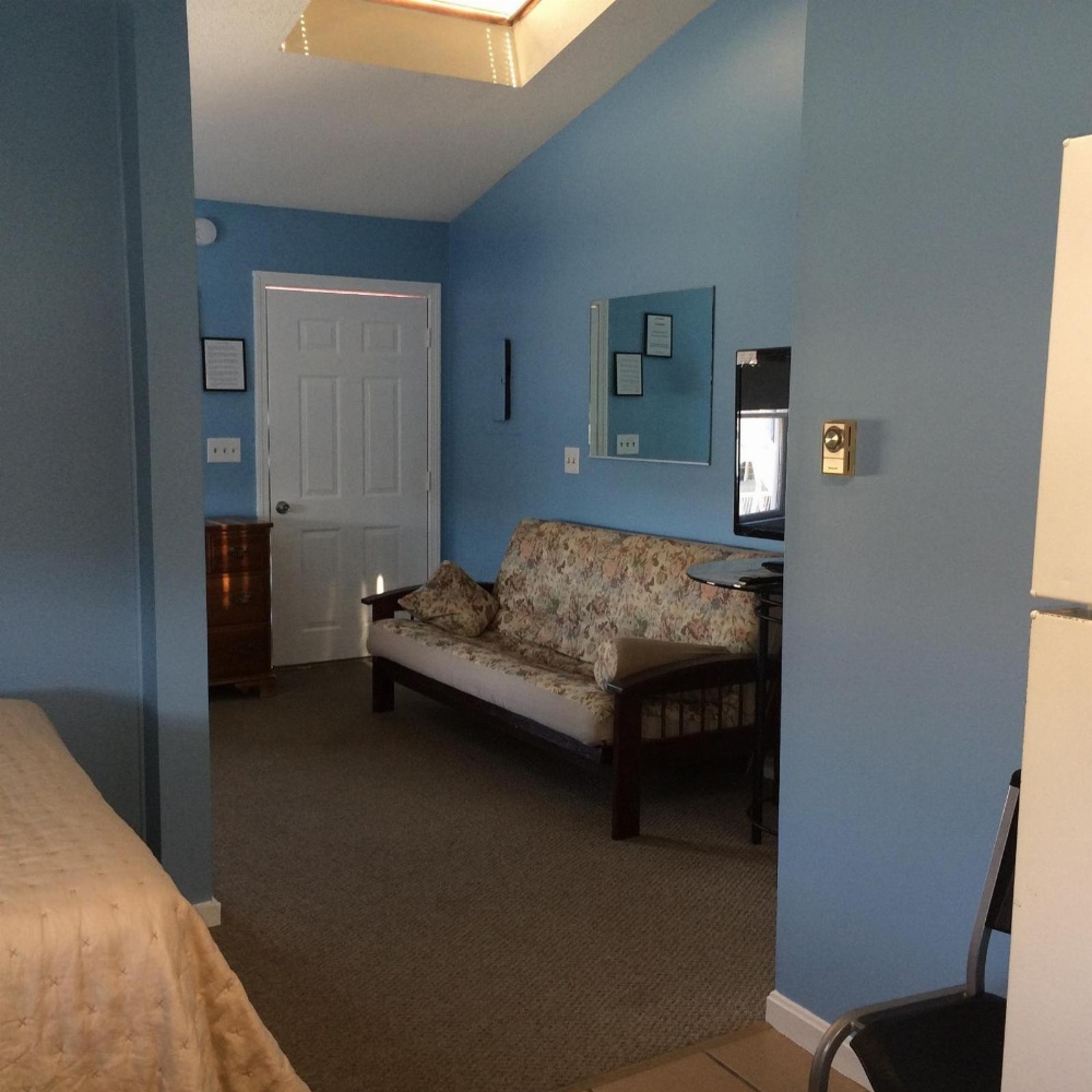 A wide view of a guest room with blue walls, a floral sofa, a bed, and a door.